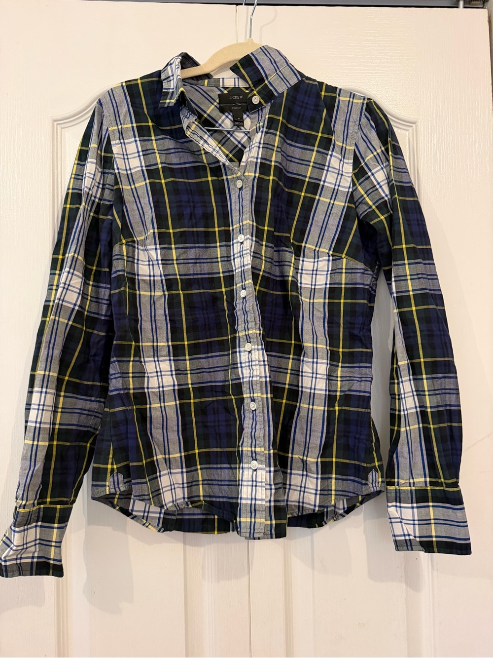 J. Crew Perfect Shirt in Navy Stewart Plaid 6 Long Sleeve Button Up Fall Cotton